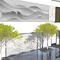 Scenic Wall Design With Mountain Pattern Trees And Water Pool Reflection 3d model