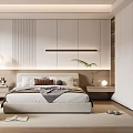Modern Bedroom Interior With Bed Nightstand Bedside Lamp Curtains Wardrobe And Rug
