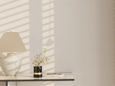 Marble Base Table Lamp with Small Flowers on Table and Sunlight Shadows from Venetian Blinds 3d model