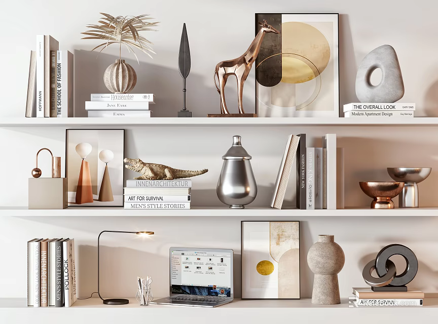 Modern Home Decor Ornament Collection With Books Sculptures Plants Frames Lamp And Laptop 3d model 