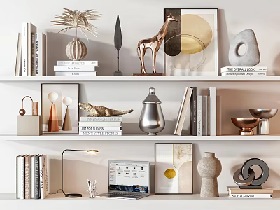 Modern Home Decor Ornament Collection With Books Sculptures Plants Frames Lamp And Laptop 3d model