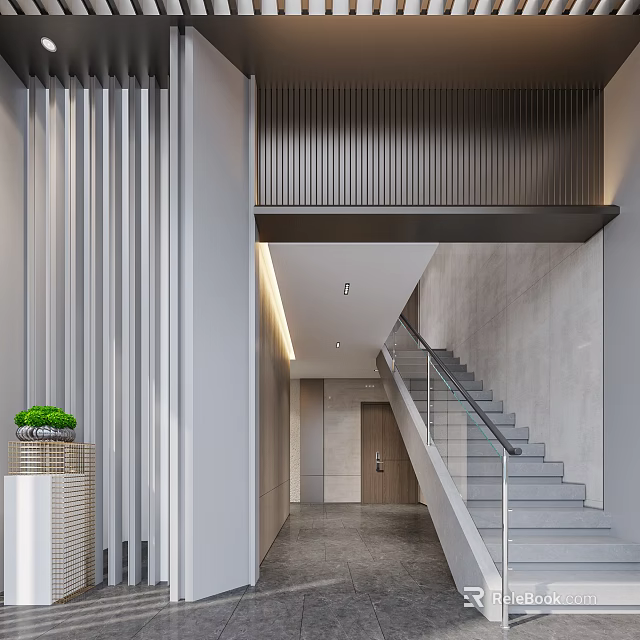 Modern Entrance Hall With Glass Railing Staircase Gray Walls Wooden Panels And Green Plant 3d model 