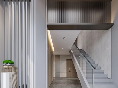 Modern Entrance Hall With Glass Railing Staircase Gray Walls Wooden Panels And Green Plant 3d model