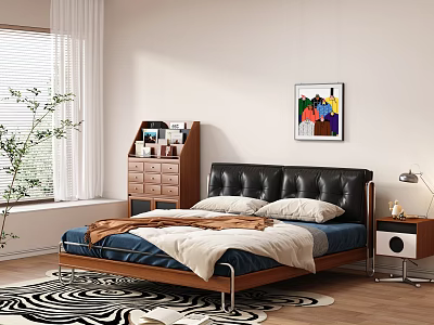 Double Bed With Black Leather Headboard Wooden Frame Blue Bedding And Colorful Abstract Wall Art 3d model