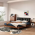 Double Bed With Black Leather Headboard Wooden Frame Blue Bedding And Colorful Abstract Wall Art