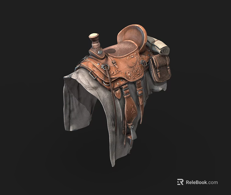 Vintage Leather Saddle With Ornate Stitching And Attached Side Accessories 3d model 