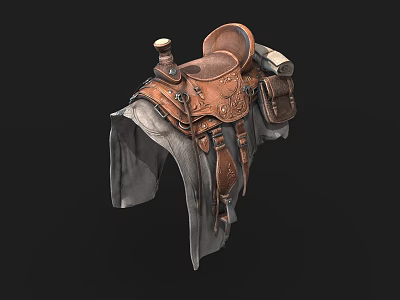 Vintage Leather Saddle With Ornate Stitching And Attached Side Accessories 3d model