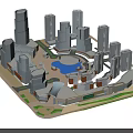 Modern Urban Commercial Street with Tall Buildings Central Round Plaza and Green Spaces