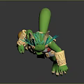 Anthropomorphic Green Creature Character With Blue Feathered Headdress Holding Staff In Ornamental Outfit