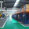 Industrial Factory With Double Deck Shelves Cardboard Boxes Green Floor Machinery And Windows