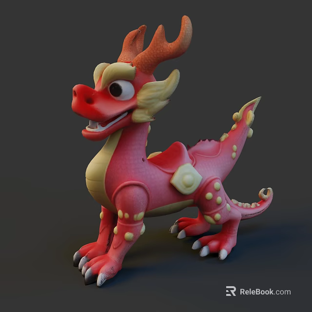 Cute Cartoon Dragon Sculpture With Red Pink Body Yellow Spots And Horns Design 3d model 