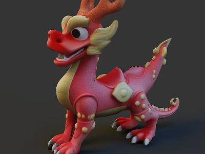 Cute Cartoon Dragon Sculpture With Red Pink Body Yellow Spots And Horns Design 3d model