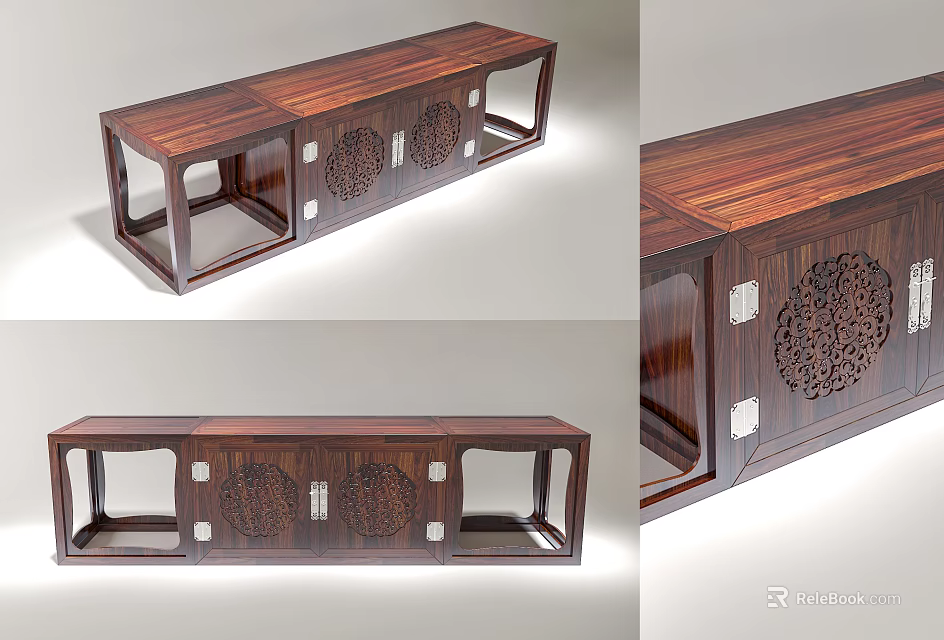 Dark Wooden TV Stand With Carved Patterns And Open Storage Compartments 3d model
