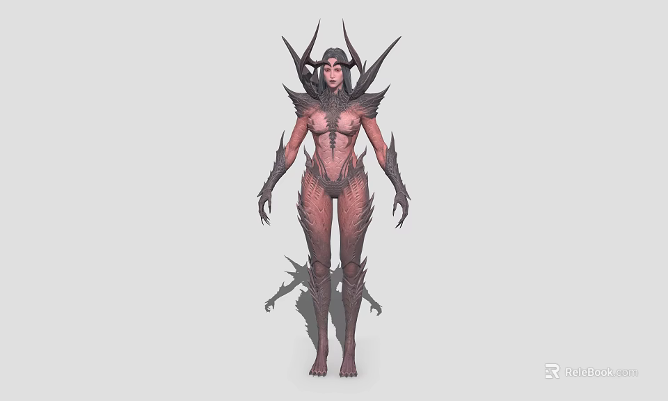 Dark Fantasy Female Game Character With Spiked Headdress And Armored Scales 3d model 