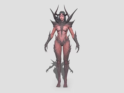 Dark Fantasy Female Game Character With Spiked Headdress And Armored Scales 3d model