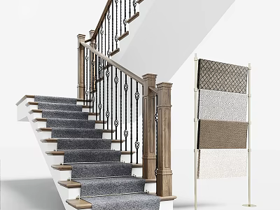 Modern Staircase With Wooden Handrail Balustrade And Gray Carpet Steps Near Sample Display Stand 3d model