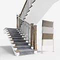 Modern Staircase With Wooden Handrail Balustrade And Gray Carpet Steps Near Sample Display Stand