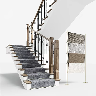 Modern Staircase With Wooden Handrail Balustrade And Gray Carpet Steps Near Sample Display Stand 3d model