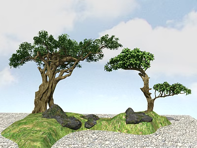 Tall Trees Growing on Green Grass with Black Rocks and Pebbles Under Blue Sky 3d model