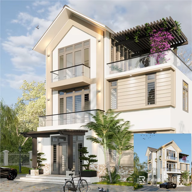 Modern Two Story Detached Villa Exterior With Glass Railings Balcony Purple Flowers And Palm Trees 3d model 