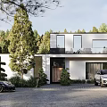 Modern Detached Villa with Large Glass Windows Lush Trees and Parked Cars in Front