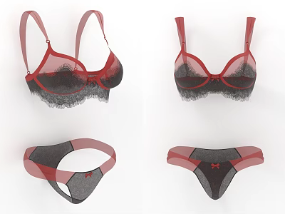 Women's Red And Black Lace Underwear Set Including Bras And Panties With Delicate Bow Design 3d model