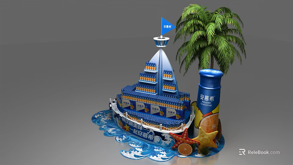 Ship Shaped Commercial Display Unit with Beer Bottles Palm Tree and Starfish Decorations 3d model 