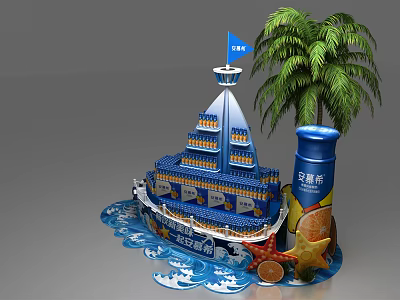 Ship Shaped Commercial Display Unit with Beer Bottles Palm Tree and Starfish Decorations 3d model