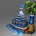 Ship Shaped Commercial Display Unit with Beer Bottles Palm Tree and Starfish Decorations