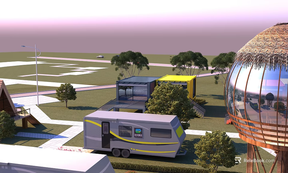 Modern Residential Building with Caravan Container Structure and Green Trees Around 3d model