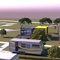 Modern Residential Building with Caravan Container Structure and Green Trees Around 3d model