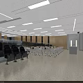 School Spacious Classroom With Blue Seats White Desks Blackboard Strip Lights And Wooden Walls