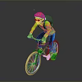 Cyclist Riding Bicycle With Red Helmet Sunglasses Green Jacket Blue Pants And Backpack