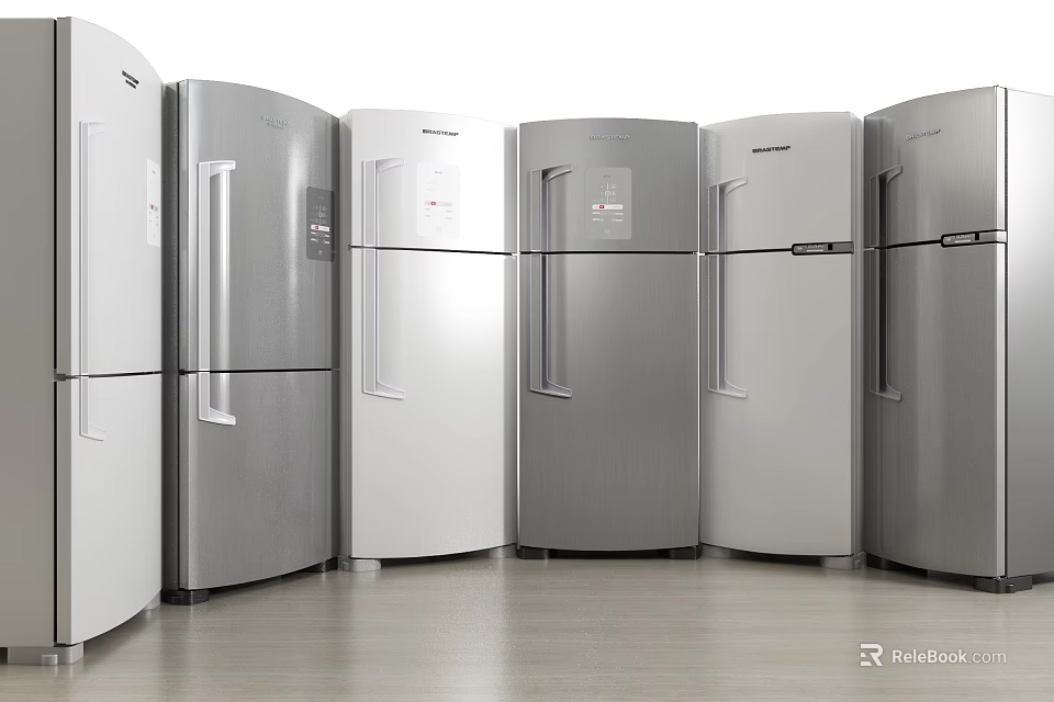 Modern Refrigerators In Various Styles And Stainless Steel Finishes For Kitchen Use 3d model 