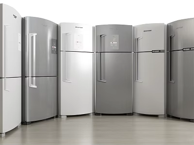 Modern Refrigerators In Various Styles And Stainless Steel Finishes For Kitchen Use 3d model