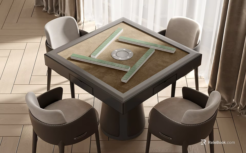 Elegant Entertainment Table With Mahjong Tiles And Four Upholstered Chairs In Indoor Space 3d model 
