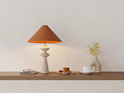 Modern Table Lamp On Wooden Shelf With Vase Coffee Cup Cookies Magazines And Light Wall 3d model