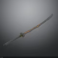 Silver Long Sword With Red Flame Patterns And Textured Hilt On Dark Background