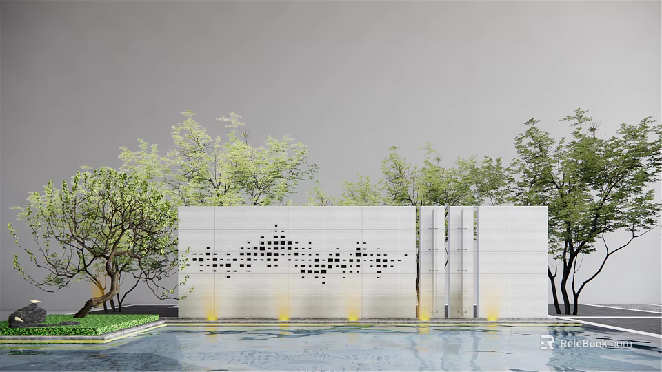 White Feature Wall With Perforated Dot Pattern And Water Pool Lighting Surrounded By Green Trees 3d model 