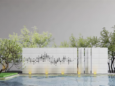 White Feature Wall With Perforated Dot Pattern And Water Pool Lighting Surrounded By Green Trees 3d model