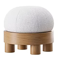 Round Gray Leather And White Fabric Ottoman With Solid Wooden Legs Design