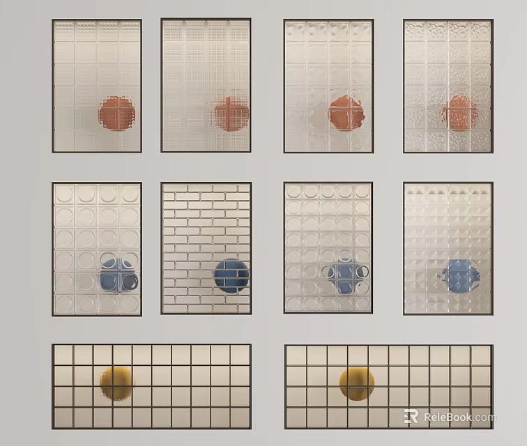 Stylish Room Dividers With Various Grid Patterns And Colored Circular Ornaments 3d model