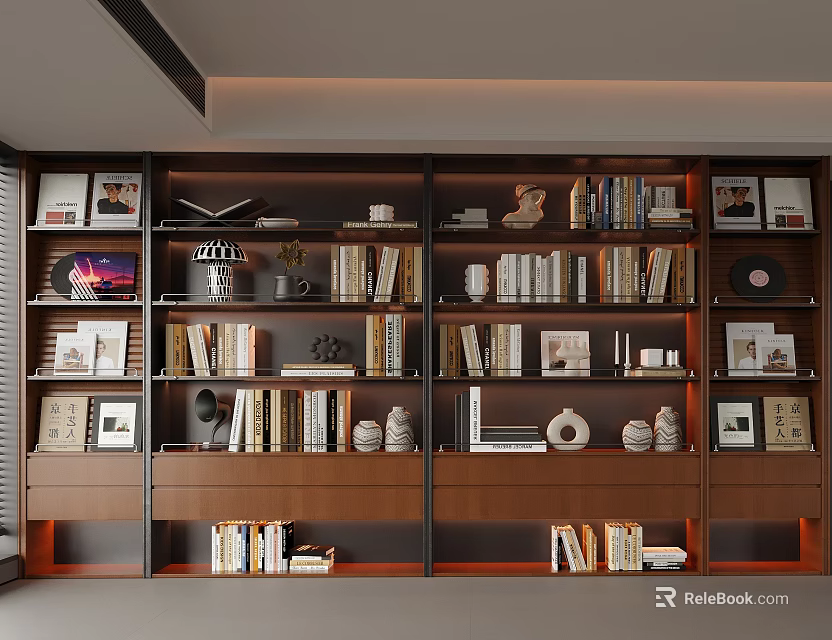 Sleek Modern Wooden Bookcase With Multilayer Shelves Books Photo Frames And Vinyl Records 3d model 