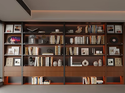 Sleek Modern Wooden Bookcase With Multilayer Shelves Books Photo Frames And Vinyl Records 3d model
