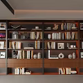 Sleek Modern Wooden Bookcase With Multilayer Shelves Books Photo Frames And Vinyl Records
