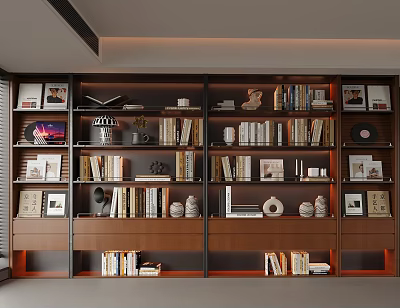 Sleek Modern Wooden Bookcase With Multilayer Shelves Books Photo Frames And Vinyl Records 3d model