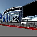 Futuristic Event Stage With Large Screens Blue Purple Lighting Metal Frames And Central Platform Design