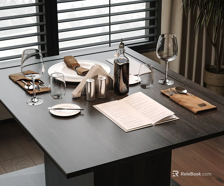 Modern Elegant Tableware Set With Plates Wine Glasses Cutlery Napkins And Menu On Dining Table 3d model 