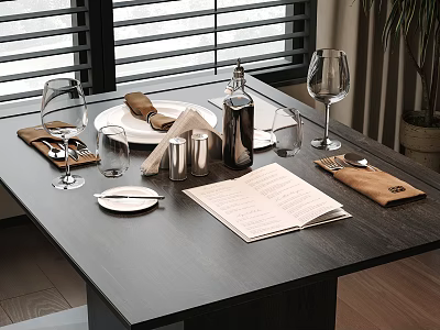 Modern Elegant Tableware Set With Plates Wine Glasses Cutlery Napkins And Menu On Dining Table 3d model