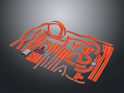Toy Orange Curved Track Model With Racing Car And Accessories 3d model